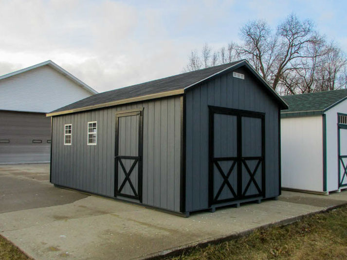 Charcoal A-frame shed with multiple doors