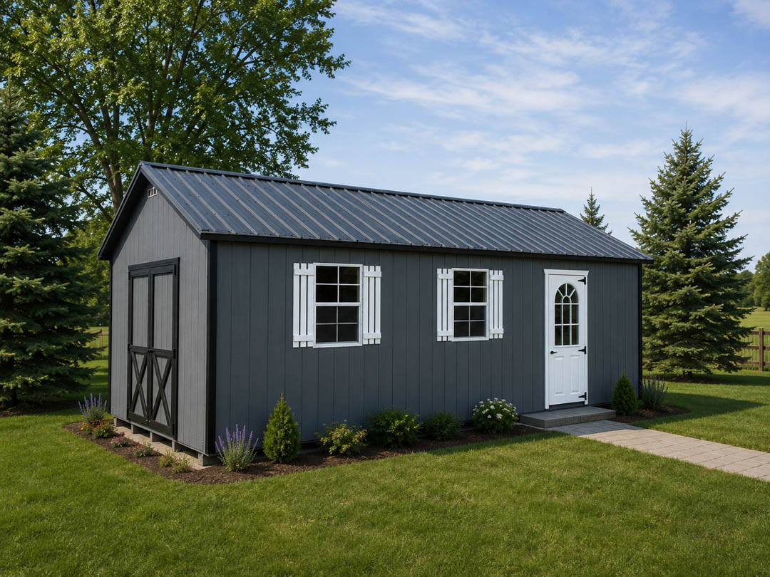 Gray A-frame storage shed with double doors and windows