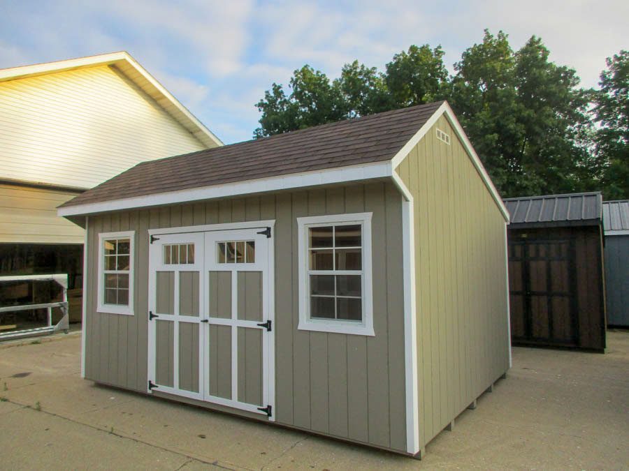 Finished Quaker barn displayed outdoors in Shipshewana